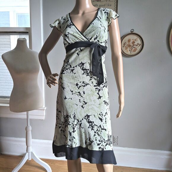 Vintage Y2K Speechless Wrap Dress Green Floral Midi Bow Summer Jrs Size 7 - Picture 9 of 12